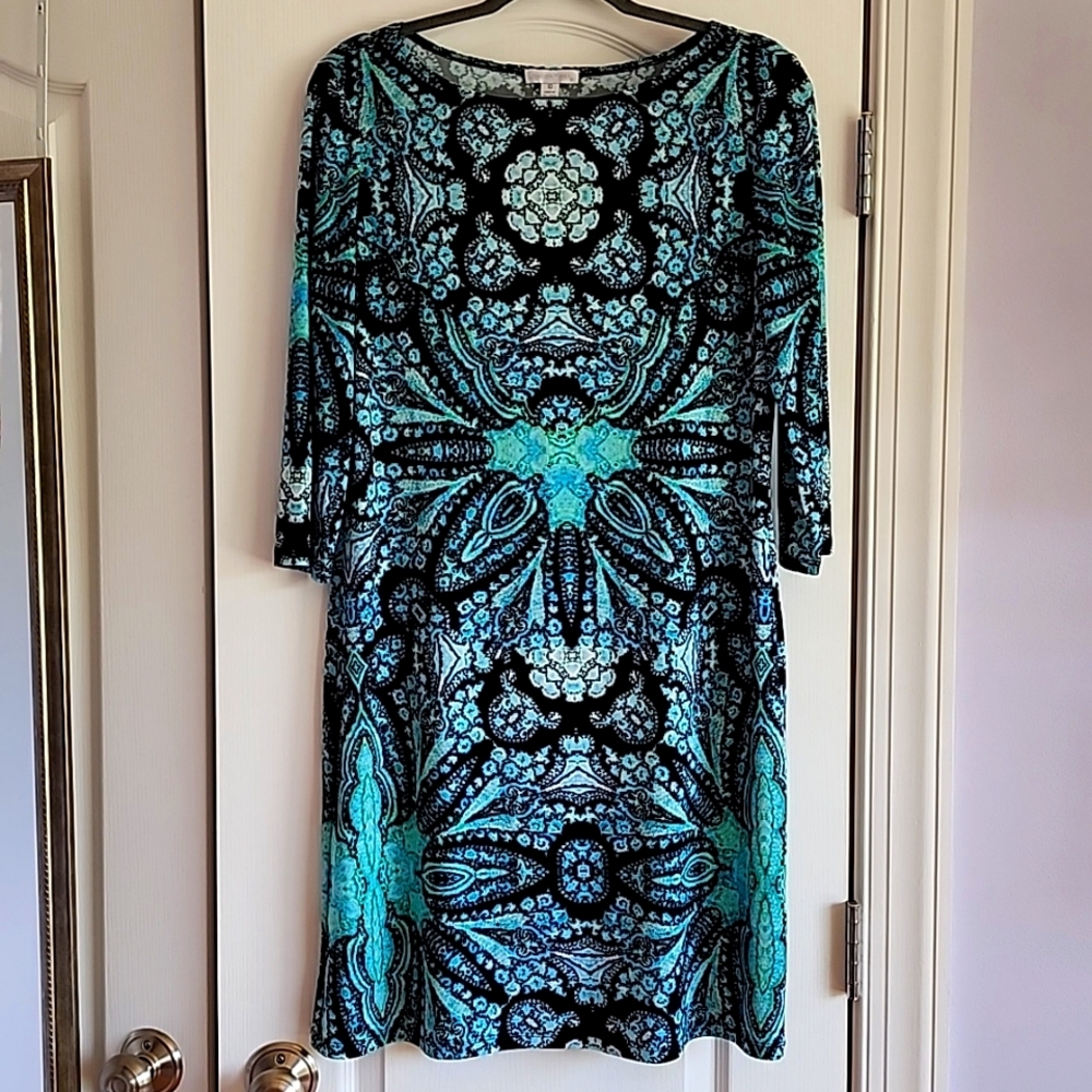 NWOT London Times kaleidoscope blue & black shift style mini dress size 10